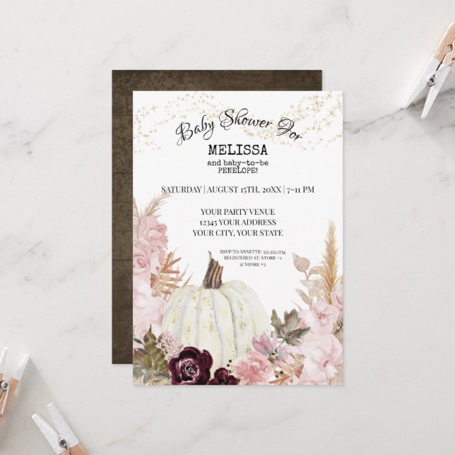 Invitation Citrouille Rustique Pampas Baby shower De Foliage  (Devant/Arrière en situation)