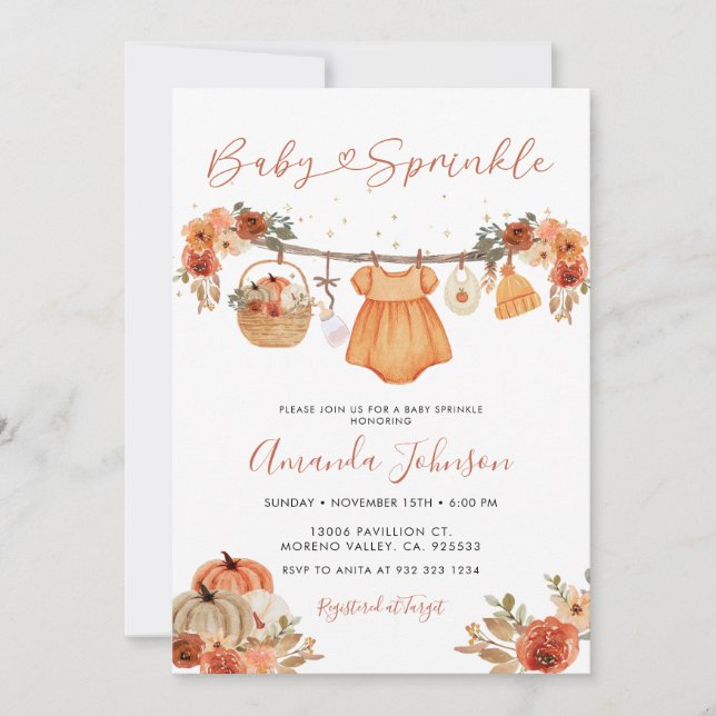 Invitation Citrouille rustique Vêtements de bébé Bébé Parseme (Devant)