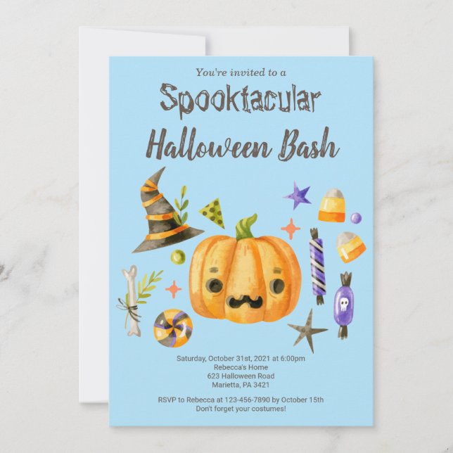 Invitation Citrouille Spooktacular Halloween Bash Party Bleu (Devant)