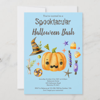 Invitation Citrouille Spooktacular Halloween Bash Party Bleu