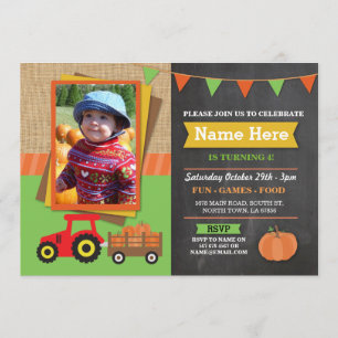 Invitation Citrouille Tracteur  de fête d'anniversaire de la 