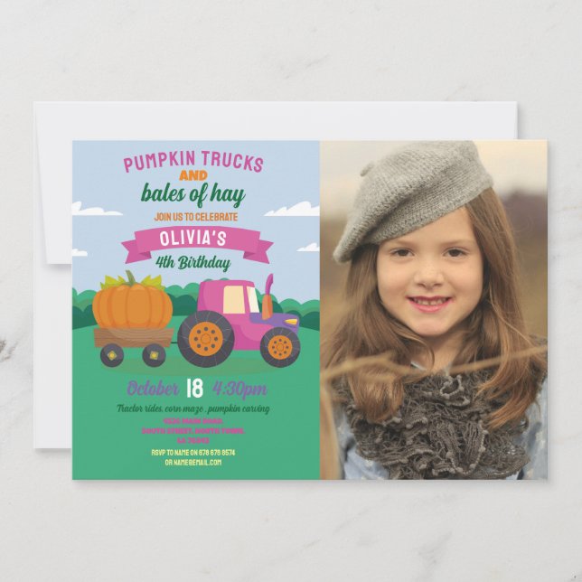 Invitation Citrouille Tracteurs Anniversaire Photo Party Girl (Devant)