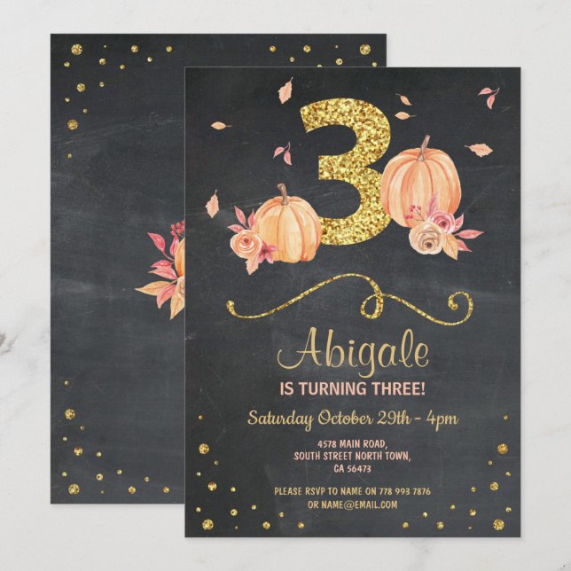 Invitation Citrouille TROIS Anniversaire 3e Chalk Gold Invita (Devant / Derrière)