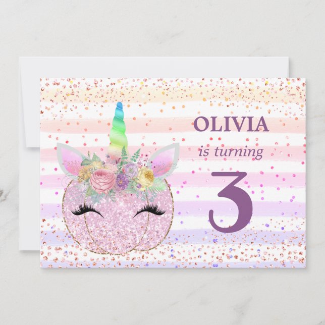 Invitation Citrouille Unicorn Girls 3e anniversaire (Devant)
