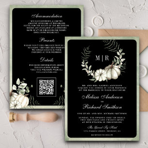 Invitation Citrouille vert Sage Wreath QR Code Mariage noir