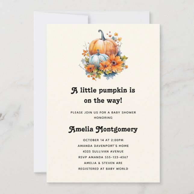 Invitation Citrouilles avec Fleurs et Baby shower de Foliage (Devant)