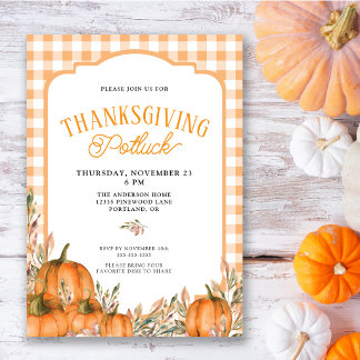 Invitation Citrouilles d'automne à carreaux Potluck de Thanks
