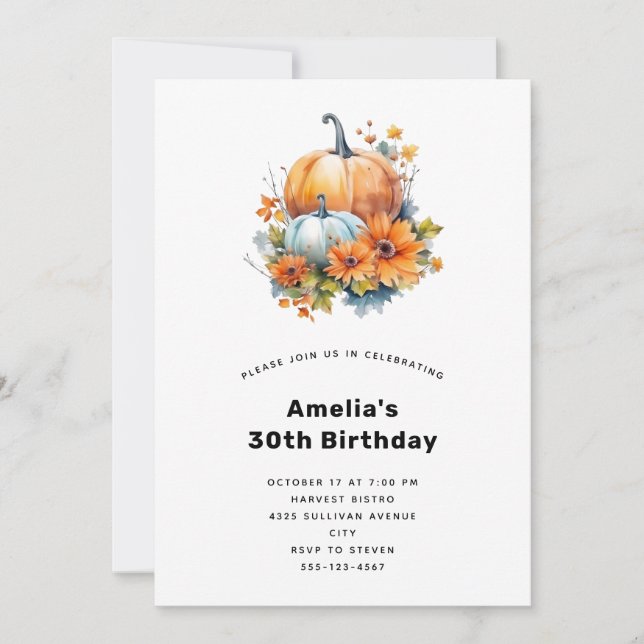 Invitation Citrouilles d'automne avec Fleurs et Foliage Anniv (Devant)