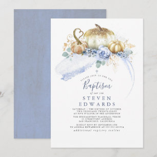 Invitation Citrouilles d'or Dusty Blue Floral Baptême d'autom