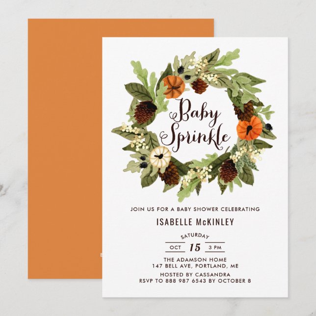 Invitation Citrouilles et Pinecones Wreath Fall Baby Sprinky (Devant / Derrière)