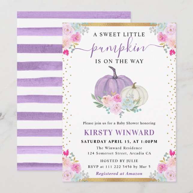 Invitation Citrouilles floraux violets et blancs Baby shower  (Devant / Derrière)