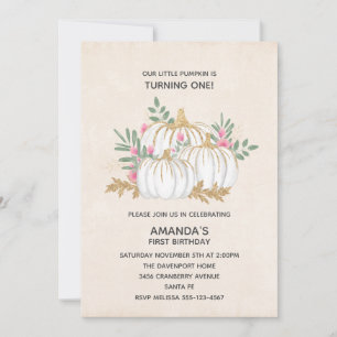 Invitation Citrouilles Peintes en Blanc et Or Aquarelle Anniv