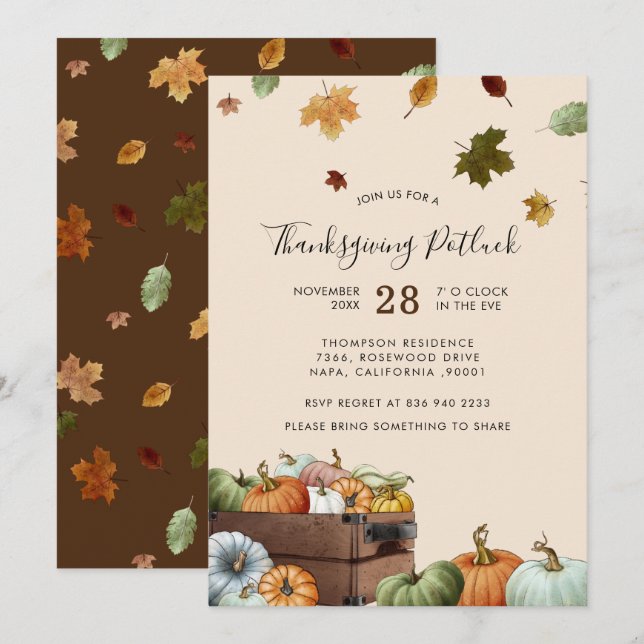 Invitation Citrouilles rustiques et Feuilles en déclin Thanks (Devant / Derrière)