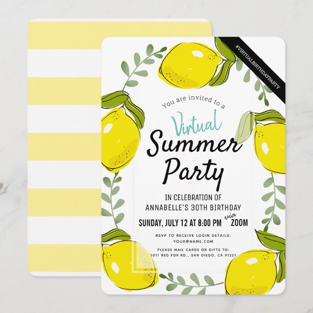 Invitation Citrus citron blanc Été adulte virtuel Anniversair (Devant / Derrière)