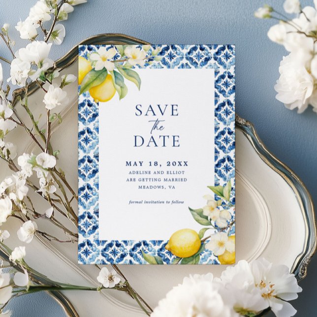 Invitation Citrus Citron Bleu Carrelage Enregistrer La Date (Créateur téléchargé)