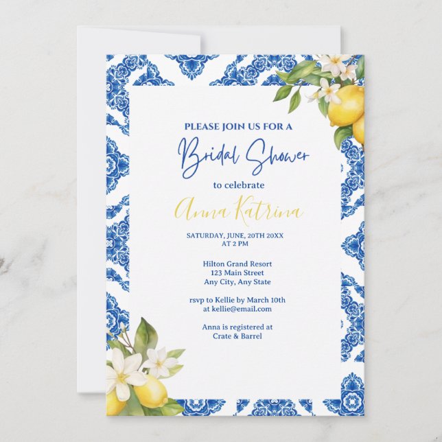 Invitation Citrus Citron Carrelage bleu Bridal Douche Invitat (Devant)