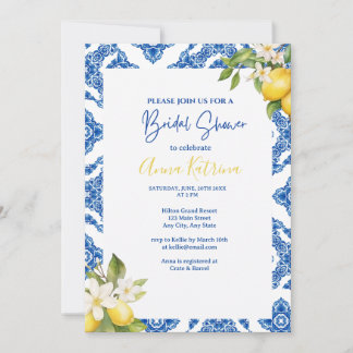 Invitation Citrus Citron Carrelage bleu Bridal Douche Invitat