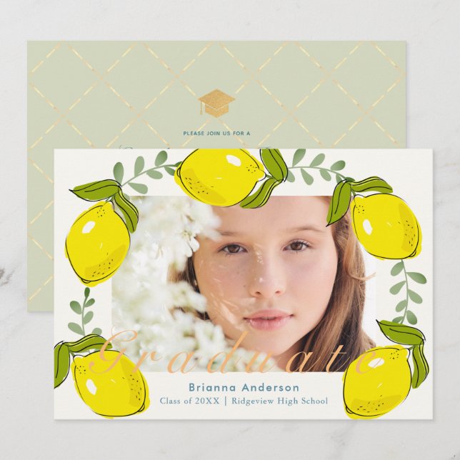 Invitation Citrus citron couronne photo Graduation (Devant / Derrière)