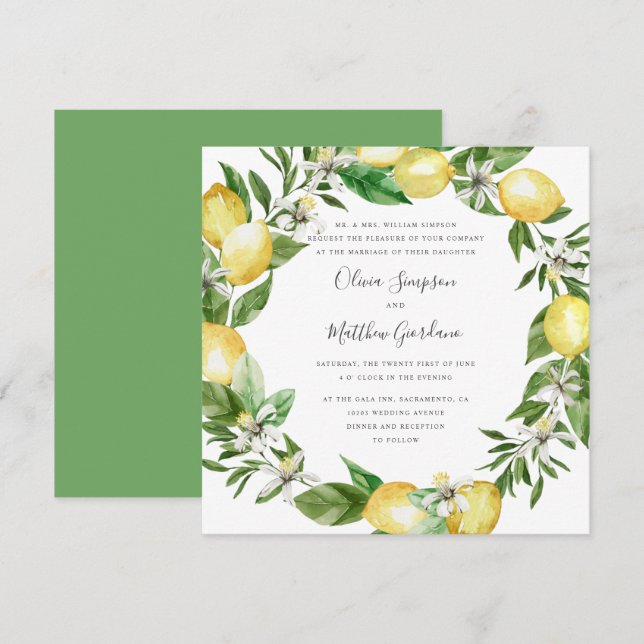 Invitation Citrus citron et mariage officiel feuille (Devant / Derrière)