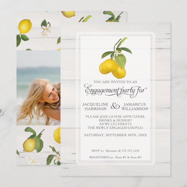 Invitation Citrus citron gris floral Fiançailles de feuillage (Devant / Derrière)