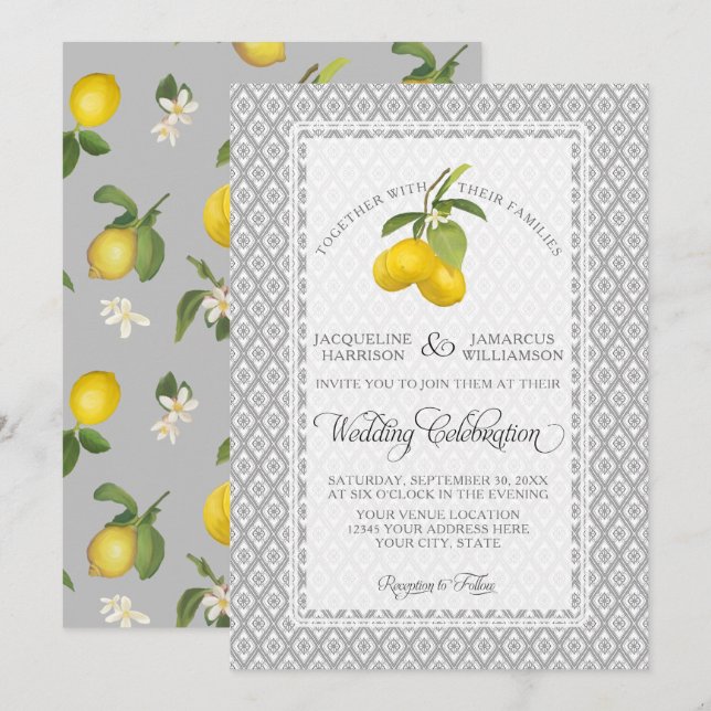 Invitation Citrus citron gris floral Mariage blanc jaune (Devant / Derrière)