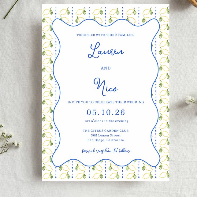 Invitation Citrus citron jaune et bleu italien Mariage chic (Créateur téléchargé)