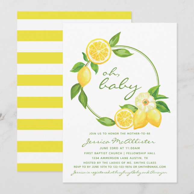 Invitation Citrus citron rayures jaunes Baby shower unisexe (Devant / Derrière)