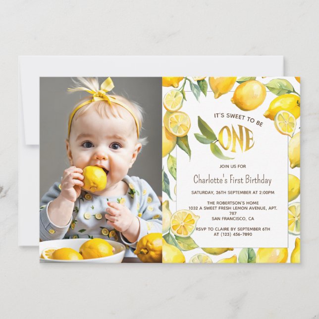 Invitation Citrus de Fruit de Citron jaune 1er anniversaire P (Devant)