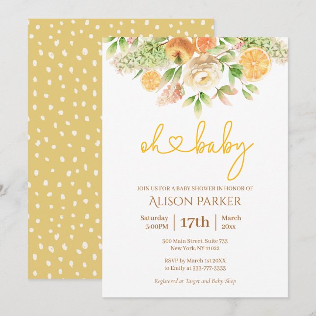 Invitation Citrus de rose jaune Floral Élégant Baby shower de (Devant / Derrière)
