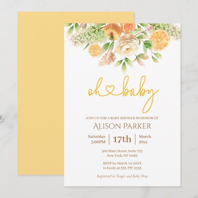 Invitation Citrus de rose jaune Floral Élégant Baby shower de (Devant / Derrière)