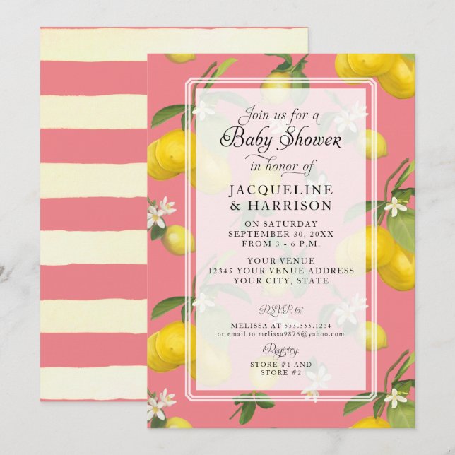 Invitation Citrus Floral Citrus vert rose bébé fille Douche (Devant / Derrière)