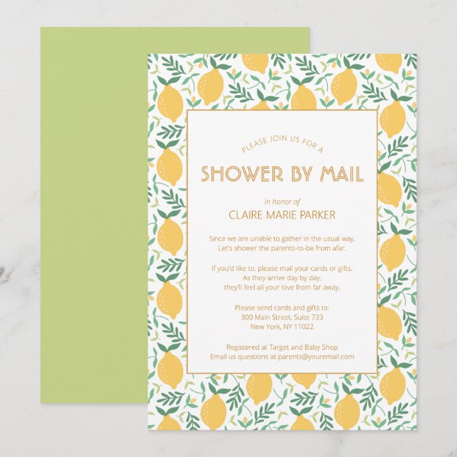 Invitation Citrus jaune Baby shower vert par courrier (Devant / Derrière)