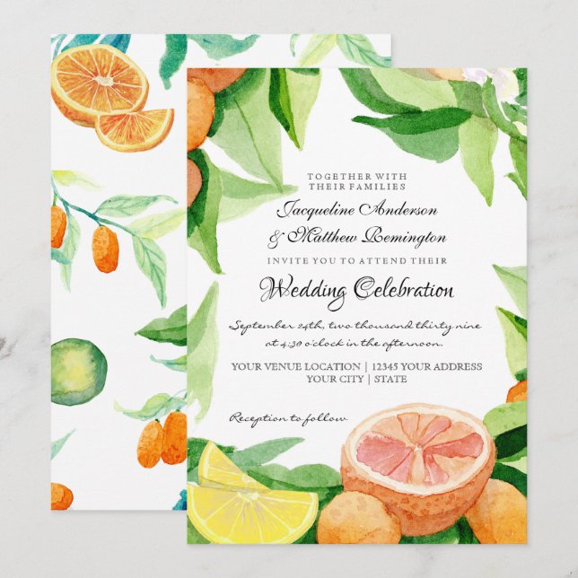 Invitation Citrus Kumquat Lemons Orange Verdure Aquarelle (Devant / Derrière)