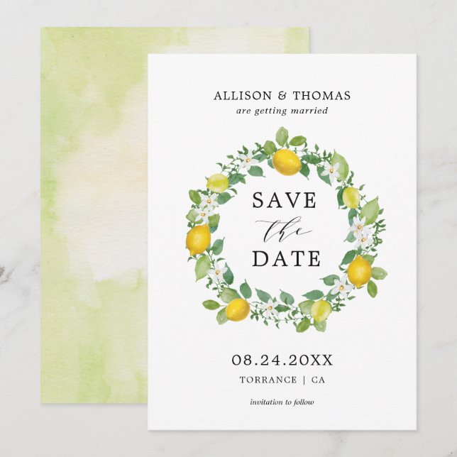 Invitation Citrus Lemon Wreath Mariage jaune Enregistrer les  (Devant / Derrière)