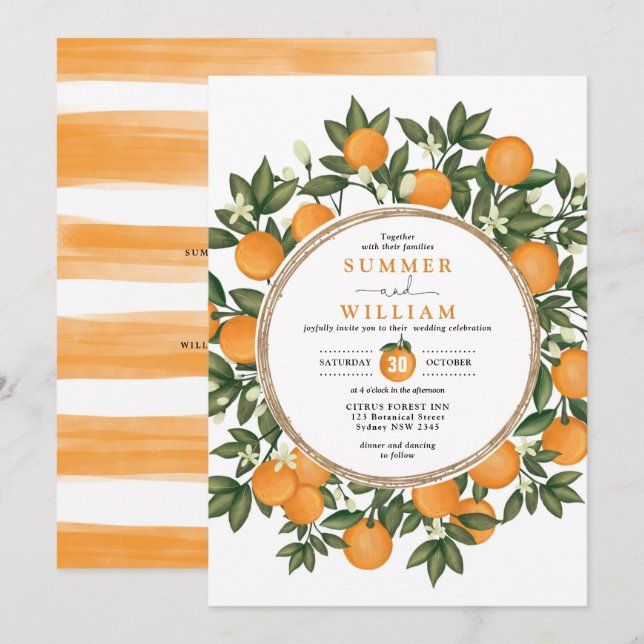 Invitation Citrus Orange Botanique Tangerine Mariage de verdu (Devant / Derrière)