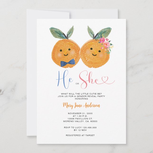Invitation Citrus Orange Il ou Elle Rose Floral Genre Révélat (Devant)