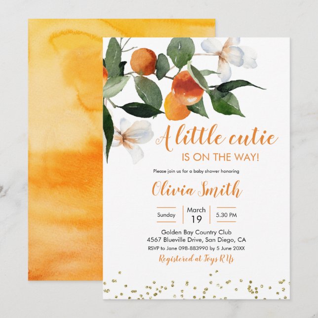 Invitation Citrus Orange Little Cutie Est Sur Le Chemin Baby  (Devant / Derrière)
