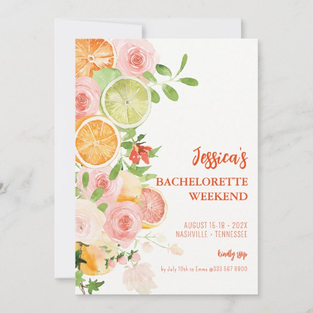 Invitation Citrus Summer Floral Bachelorette weekend (Devant)