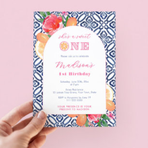 Invitation Citrus Sweet One Blue Tile 1er Anniversaire