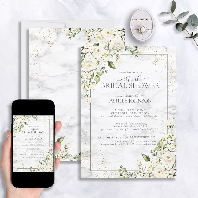 Invitation Clair Gris Blanc Floral Marbre Or Douche virtuelle (Créateur téléchargé)