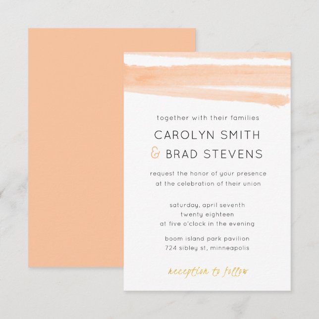 Invitation Clair rose Blush or moderne Aquarelle Mariage (Devant / Derrière)