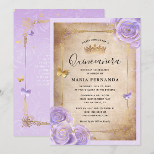 Invitation Clair violet et or Rose élégant Quinceanera