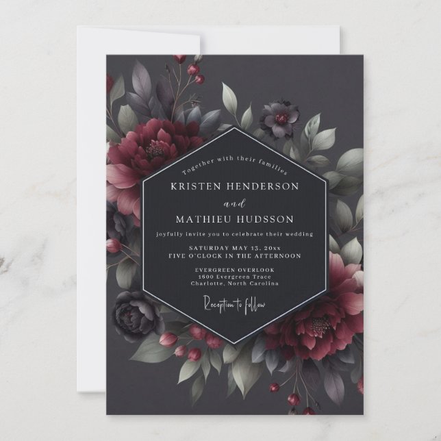 Invitation Claret Somber Flora Wedding (Devant)