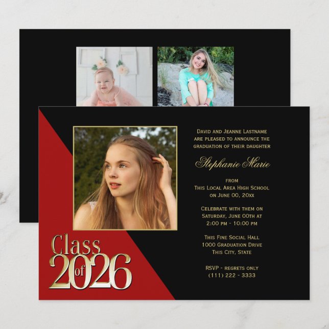 Invitation Class of 2026 Gold Grad Red with Photo (Devant / Derrière)