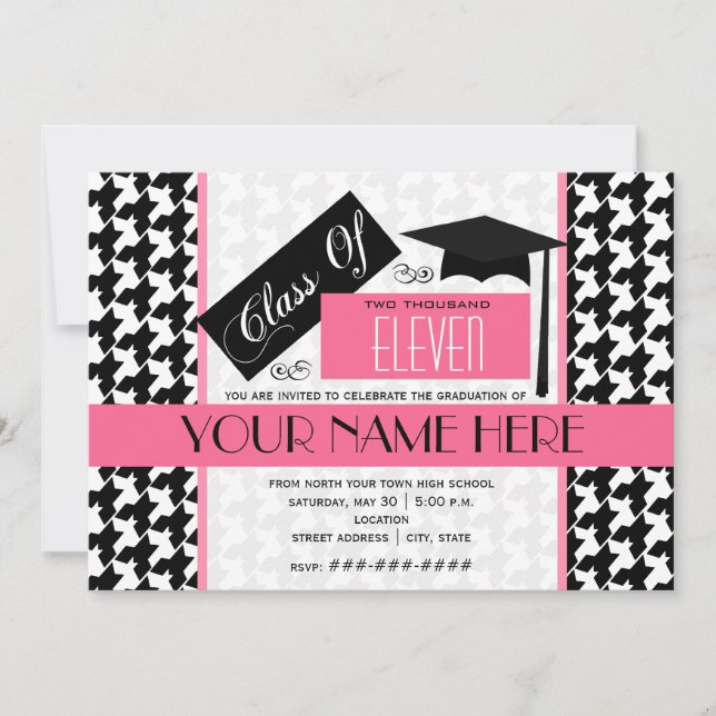 Invitation Classe 2011 Houndstooth & Pink Graduation (Devant)