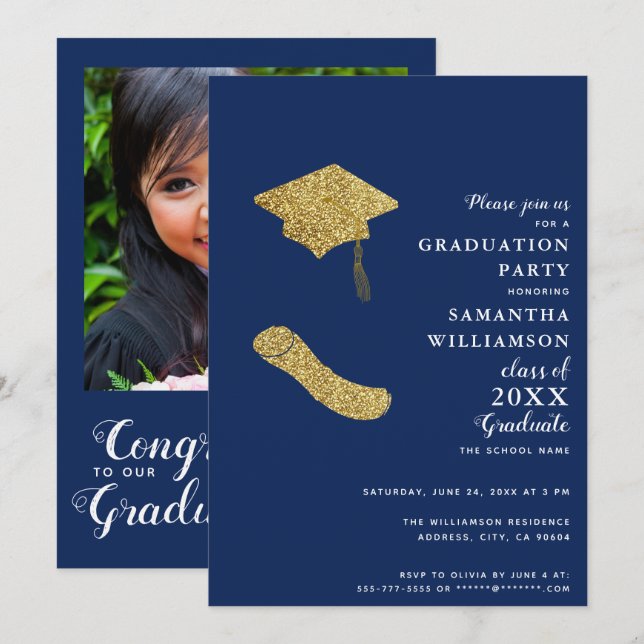Invitation Classe 2025 Marine Blue White Gold (Devant / Derrière)
