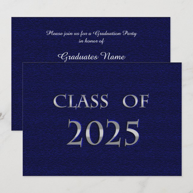 Invitation Classe Bleu & Argent de 2025 Graduation Party (Devant / Derrière)