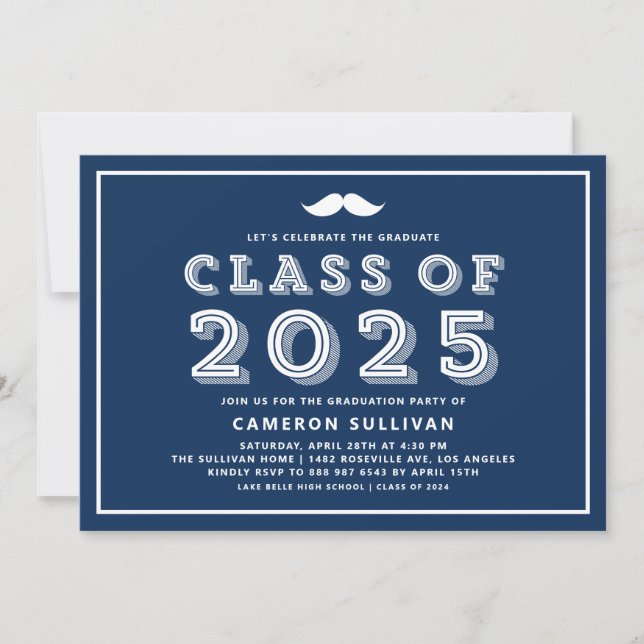 Invitation Classe Bleue Marine de 2025 Mustache Rétro Graduat (Devant)