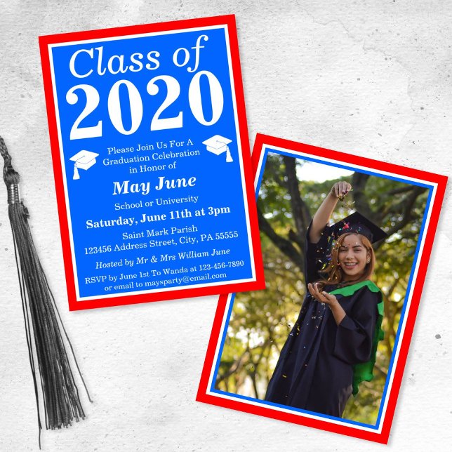 Invitation Classe Bleue Rouge de 2024 - Photo de fin d'études (Créateur téléchargé)