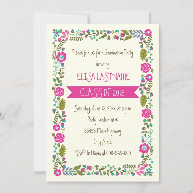 Invitation Classe de 2015 frontière florale rose et aqua (Devant)